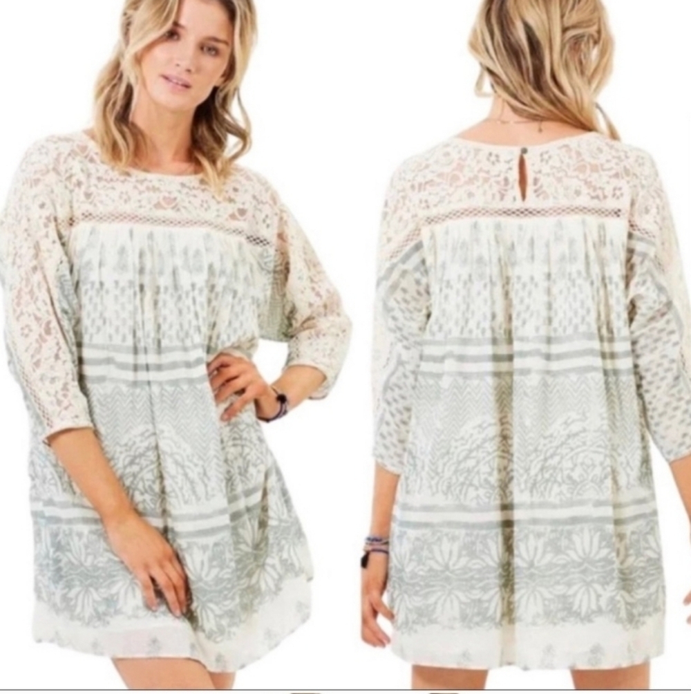 Free People Sun Daze Lace Mini Dress Ivory & green Combo with pockets